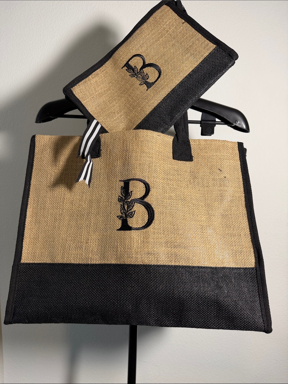 Monogrammed Tote Bag with Matching Pouch - Black & Natural